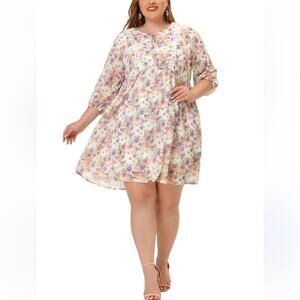 Agnes Orinda Women's Plus‎ Self Tie Round Neck 3/4 Sleeves Babydoll Short 1X